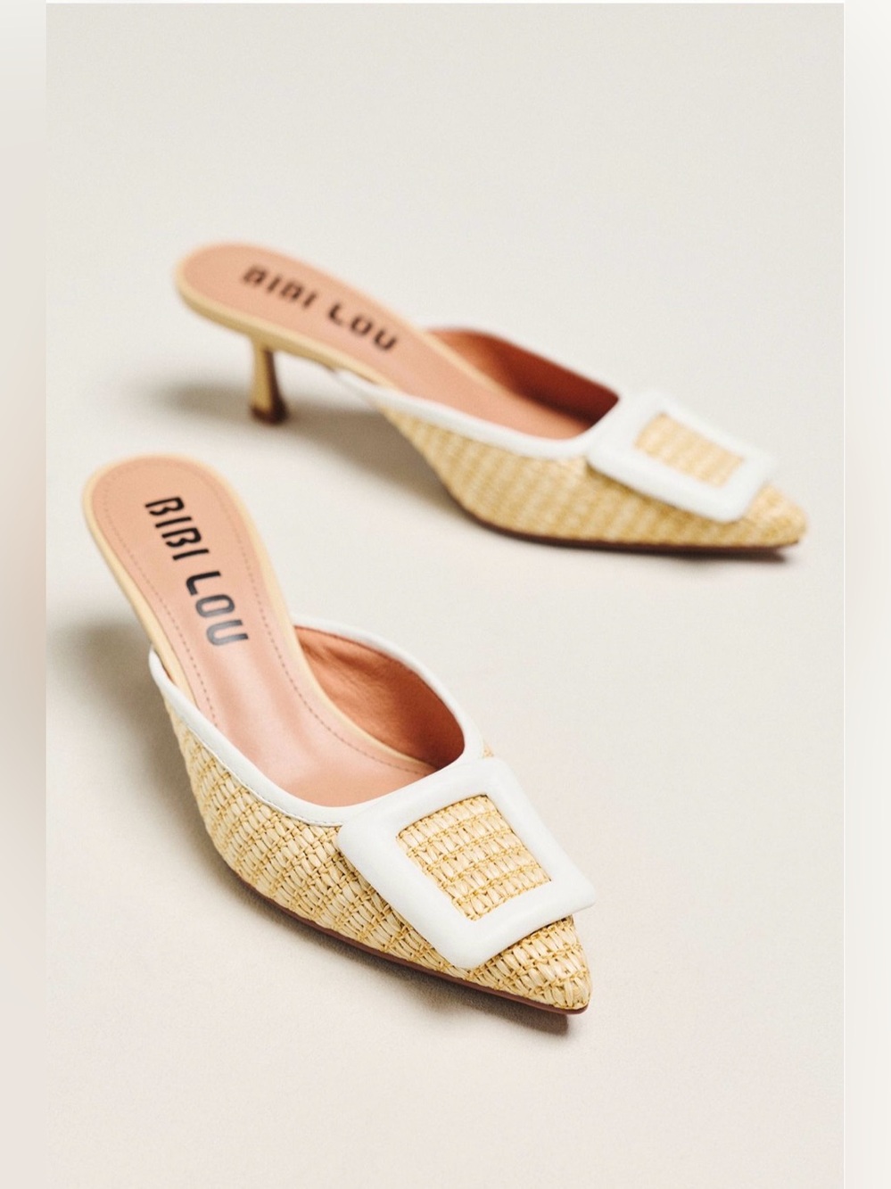 Anthropologie Bibi Lou Bonnie Mule Woven Raffia Mule Kitten Heels